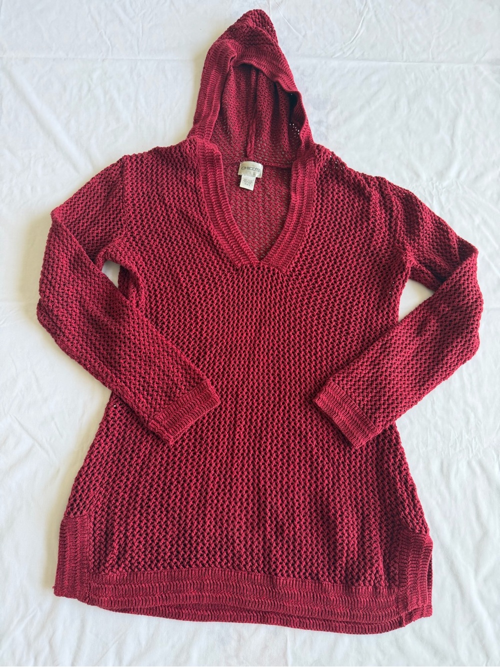 Chico's Hooded V-Neck Knit Sweater - Burgundy